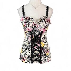 Y2K leopard print floral corset top black lace trim 96% Cotton Splash 2 Size M